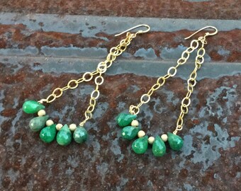 Emerald Teardrop Swingers Gold Filled Chain     May Birthstone Jewelry  Crescent Earrings