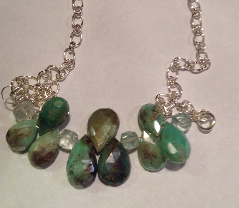 Chocolate Mint Mystic Chrysoprase and Florite Sterling Silver Chain Necklace Teardrop Briolette Bar Necklace orig 110 dollars now 88 sale
