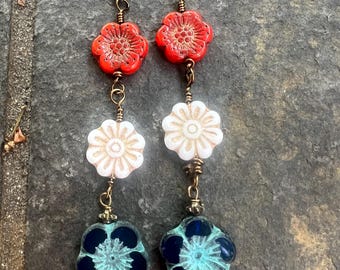 Patriotic Red, White and Blue Czech Glass Flower Dangle Earrings 4th of July Independence Day Earrings