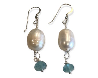 Pearl and Apatite Dangles  Large Pearl Drop Earrings Gift for Her   VowanGems