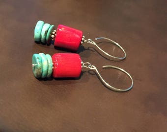Southwestern  Blue Natural Turquoise and Red Coral Stacked Dangle Earrings  Cowgirl Earrings   Mother&#39;s Day Gift orig 40 dollars now 30