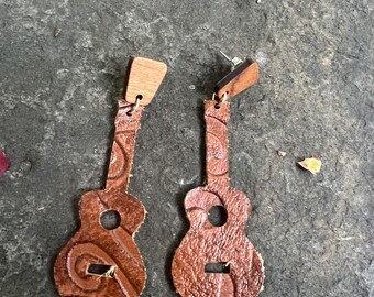 Brown Western Embossed Leather accoustic Guitar Earrings with Brown Wood  Ear Posts