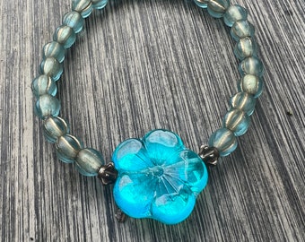 Magical Blue Hibiscus Czech Glass Bead  Stretch Bracelet   Boho  Jewelry  Layering Bracelet  Ocean Vibe  Resort Wear Floral Bracelet