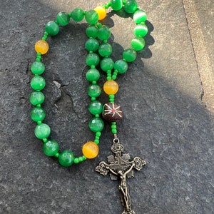 Green and Cat Eye Beads with African Trade Beads and Antiqued Brass Crucifix Anglican Rosary  Protestant Prayer Beads  Episcopal Rosary
