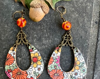 Vibrant Aster Flowers on Embossed Cork on Leather  U Shaped Earrings with antiqued Brass filigree and Orange Agate