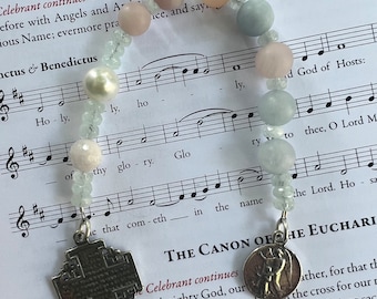 Morganite and Aquamarine Sterling Silver Cross and Guardian Angel Medal Episcopal Anglican Chaplet. Episcopalian Prayer Beads Confirmation