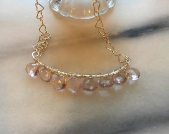 Pink Amethyst Briolette Teardrops Sterling Silver Heart Chain Bar Necklace  pink Gemstone  necklace