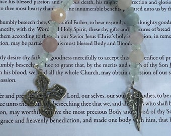 Morganite and Aquamarine Sterling Silver Filigree Cross Episcopal Chaplet Anglican Chaplet. Episcopalian Christian Prayer Beads Confirmation