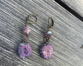 Mystic Purple  Drusy Slices and Czech Glass Dangle Earrings      Boho Earrings   VowanGems