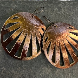 Bronze Metallic Cork on Leather Large Sunburst Dangle Earrings