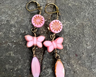 Pink Celestial Butterfly Czech Glass Dangle Earrings \Bohemian Jewelry product id: PCB324   Czech Glass Earrings  Pink Earrings Butterfly