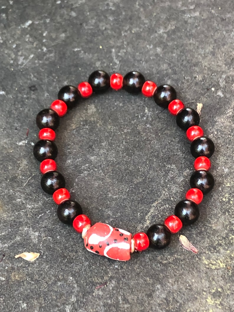 Red Krobos African Trade Bead Stretch Bracelet  Recycled Glass Focal Bead   Boho Jewelry  Stretchy Layering Bracelet Ghana beads  Tribal