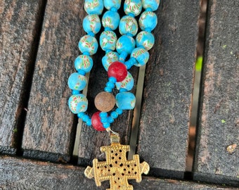 African Trade Beads Anglican Rosary with Ethiopian Cross Protestant Prayer Beads    Episcopal Rosary Ethiopian Cross