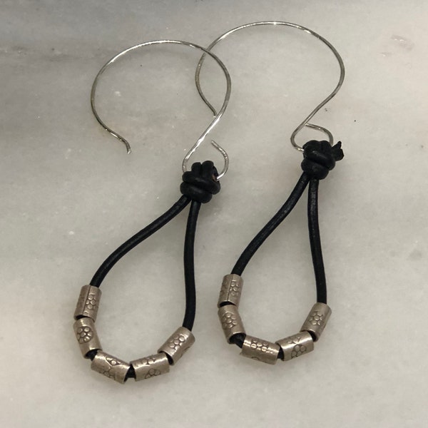 Thai Silver and Black Leather Teardrop Hoop Dangle Earrings         Sundance Style