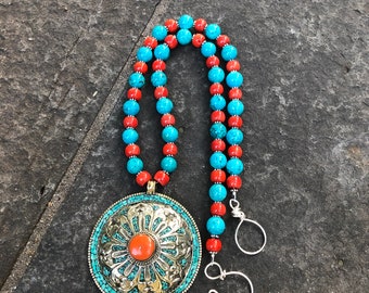 Nepalese Coral and Turquoise  Pendant with Turquoise and Coral Necklace   Ethnic Boho Necklace