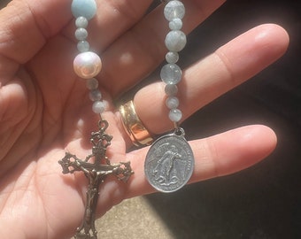 St Michael Aquamarine  Episcopal Chaplet. Anglican Chaplet. Episcopalian St Michael Medal  Christian Prayer Beads  Confirmation Gift