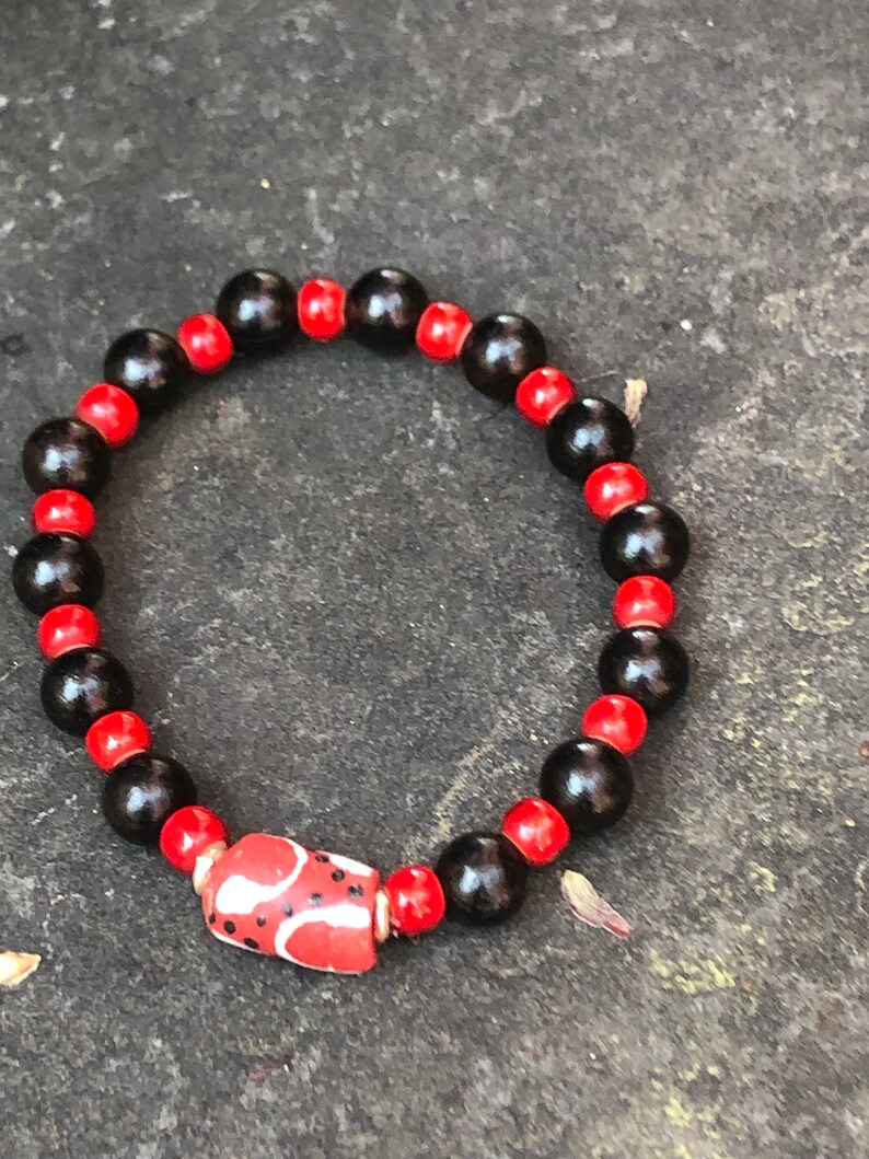 Red Krobos African Trade Bead Stretch Bracelet Recycled Glass Focal Bead Boho Jewelry Stretchy Layering Bracelet Ghana beads Tribal