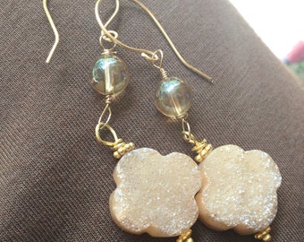 Champagne Quartz and Apricot Druzy across Dangles   Hand Forged Ear Wires  drusy earrings  druzy earrings