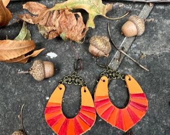 Handpainted Veg Tan Pumpkin Leather V Shaped Earrings with antiqued Brass filigree and latch back ear wire   Dangle Earrings