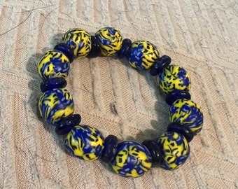 Cobalt Blue and Bright Yellow  Ghana African Trade Beads and  Stretch Bracelet   Boho Tribal Jewelry  Layering Bracelet Krobo  Ghana beads