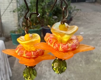 Orangey Yellow Zinnias Dangle Earrings Vintage Lucite   gardeners earrings  flower earrings  Woodland Fairy