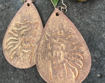 Rose gold Embossed Horse  Hand Painted Veg Tan Leather Teardrop Earrings   Cowgirl Equesterienne  Horse Jewelry