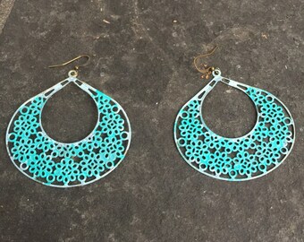 Ombre Verdigris Teal Patina Lace Metal Filigree Flower Earrings Boho Jewelry Filigree Earrings Patina Jewelry Very Large Hoops
