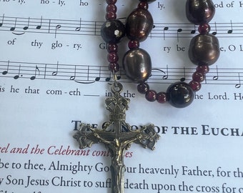 Pearl and Garnet Anglican Rosary  White Bronze Crucifix Episcopal Rosary  Episcopalian  Christian Protestant Prayer Beads  Confirmation Gift