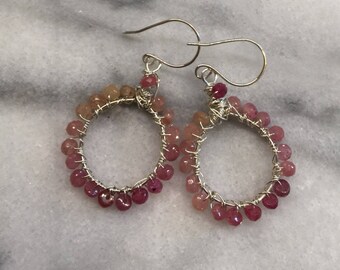 Pink Ombre Sapphire and Sterling Silver Wire Wrapped Hoop Earrings  Genuine Sapphire  September birthstone