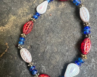 Americana Red, White and Blue Patriotic Czech Glass Bracelet  4th of July Jewelry   Stretch Bracelet     Layering Bracelet