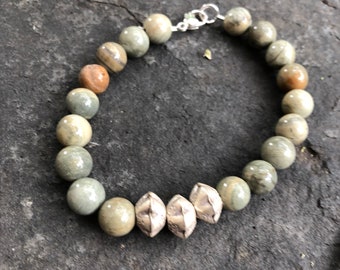 Silverleaf Jasper and Thai Silver Bracelet  Boho Jewelry  Layering Bracelet  Men's Jewelry  Unisex Jewelry  Thai Silver Charms plus size