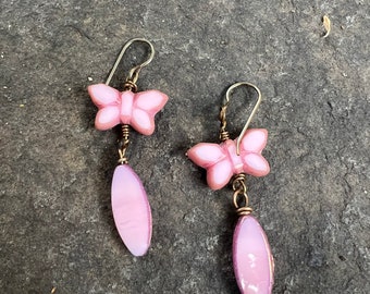 Pink Butterfly Czech Glass Earrings  Butterfly Earrings  Butterflies