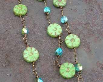 Lime Czech Glass Necklace: Wire Wrapped Bronze Parawire, 16 Inch