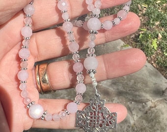 Madagascar Rose Quartz and Sterling Silver Filgree Celtic Cross Anglican Rosary  Protestant Prayer Beads  Episcopal Rosary  Heirloom Rosary