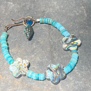 Blue Abalone Flowers and turquoise blue shell heishi Bracelet with Czech Glass Shell  Shell Bracelet    Coastal Vibes  Gift for Her  Beach