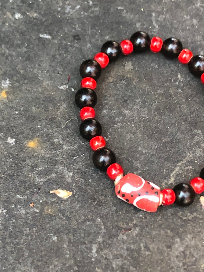 Red Krobos African Trade Bead Stretch Bracelet Recycled Glass Focal Bead Boho Jewelry Stretchy Layering Bracelet Ghana beads Tribal