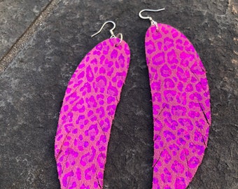 Hot Pink Leopard Print Long Feather Dangle Earrings  Long Statement Leather Earrings   Boho  5 1/2 inch long earrings   Hot Pink Valentine
