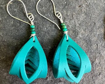Green Leather Sculptural Earrings with Turquoise VowanGems