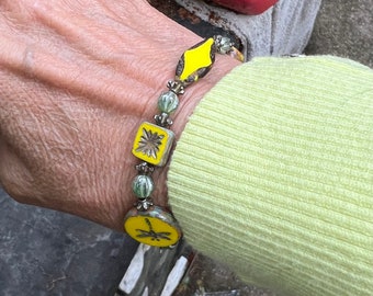 Sunny Yellow Dragonfly and Flower Czech Glass Bead  Stretch Bracelet   Boho  Jewelry  Layering Bracelet  Vacay  Fairy Core Floral Bracelet