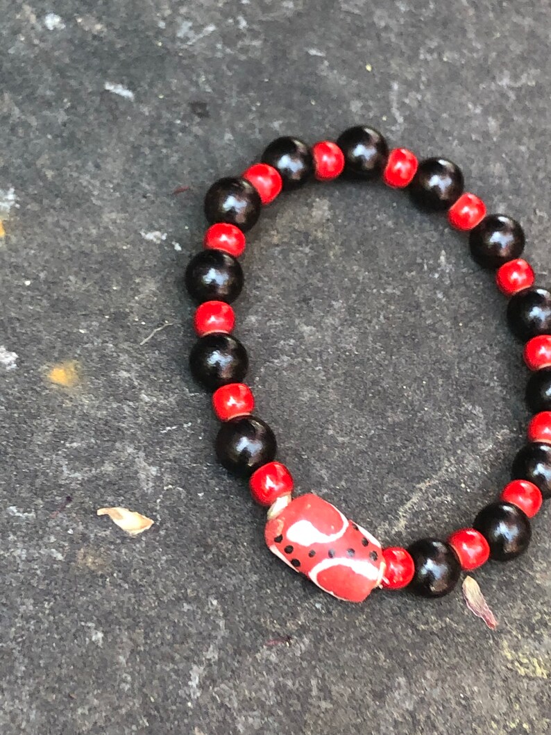 Red Krobos African Trade Bead Stretch Bracelet Recycled Glass Focal Bead Boho Jewelry Stretchy Layering Bracelet Ghana beads Tribal