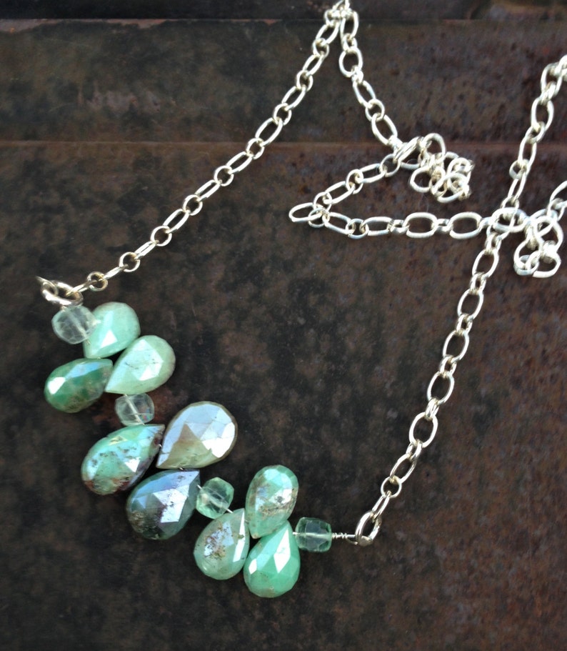 Chocolate Mint Mystic Chrysoprase and Florite Sterling Silver Chain Necklace Teardrop Briolette Bar Necklace orig 110 dollars now 88 sale