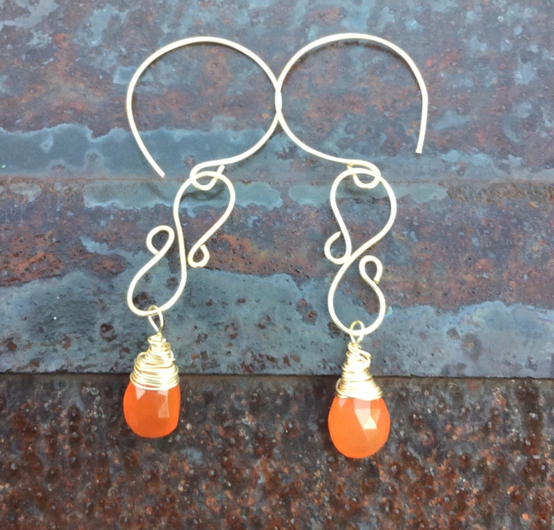 Faceted Carnelian Teardrop Briolette dangle Earrings Wirework Earrings Gemstone Earrings gift for Mom image 2
