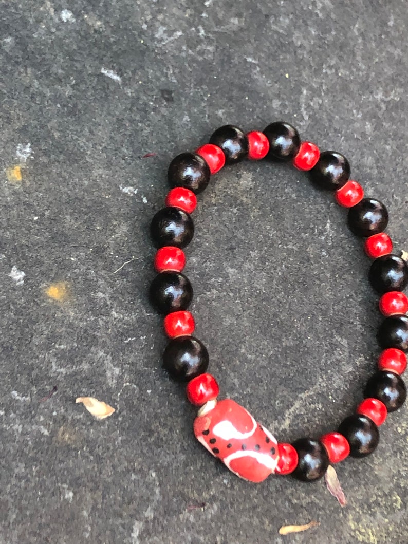 Red Krobos African Trade Bead Stretch Bracelet Recycled Glass Focal Bead Boho Jewelry Stretchy Layering Bracelet Ghana beads Tribal