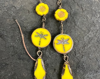 Sunny Yellow Dragonfly  Czech Glass Dangle Earrings \Bohemian Jewelry product id: YDF324   Czech Glass Earrings   Yellow Earrings  Dragonfly