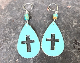 Turquoise Leather Cross Earrings   Boho Jewelry Leather Earrings  Genuine Turquoise Jewelry   Diffuser Earrings orig 30 dollars now 25 sale