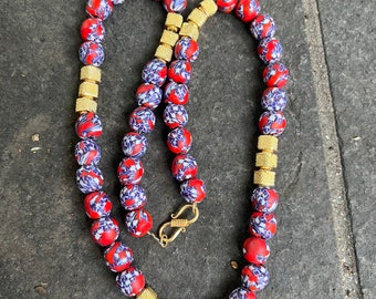 Rd and Blue African Trade Ghana Bead Necklace with Gold Vermeil Beads, Statement Necklace,