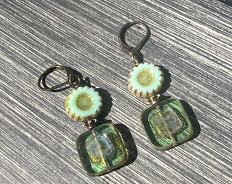 Minty Moss Green Square and Fluted Coin Earrings  Czech Glass Earrings  Mint Czech Glass Earrings  VowanGems