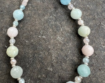 Aquamarine and Morganite Bracelet  Sterling Silver Clasp  pastel gemstone bracelet  Birthstone jewelry