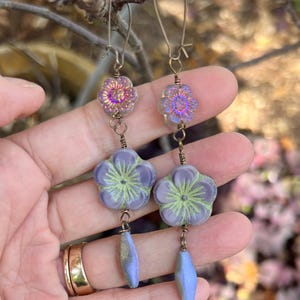 Thistle and Lime Washed Purple Passion Flower, Metallic Purple Ginger Flower and Gilded Thistle Rhombus Czech Glass Beads Dangles  Fae