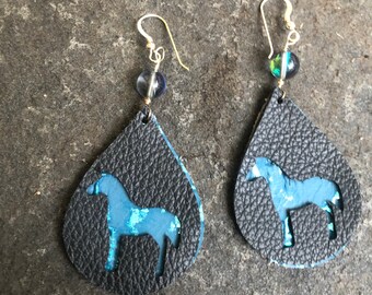 Black and Turquoise Wildwood Teardrop Leather Horse Dangle Earrings with Mermaid Glass Bead   Horse Jewelry Western Cowgirl Chic  Equestrian